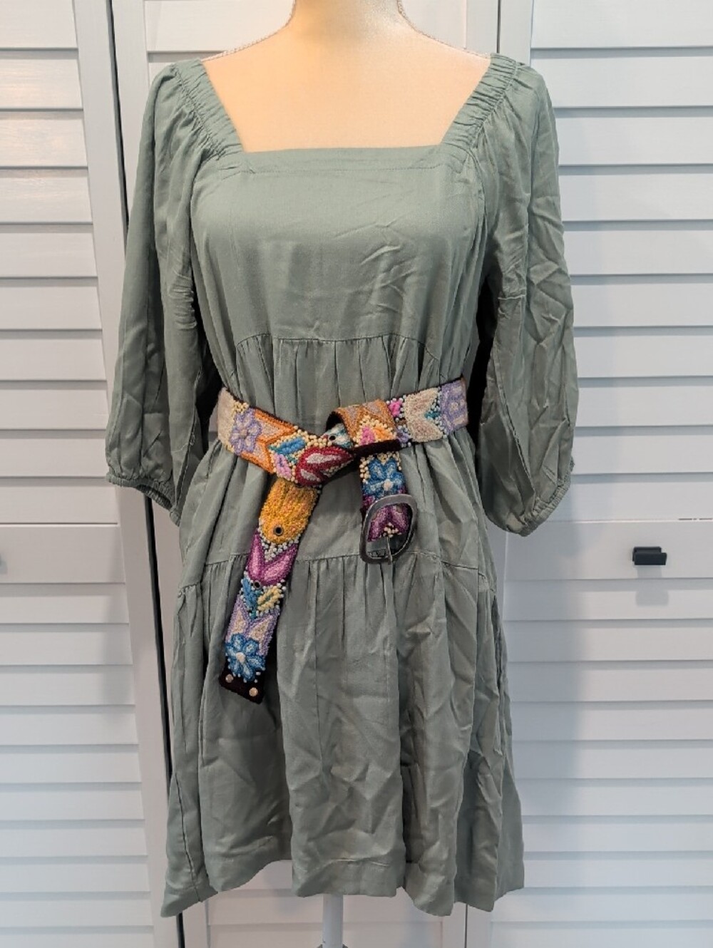 Women's Sage Green Square Neck Tiered Dress